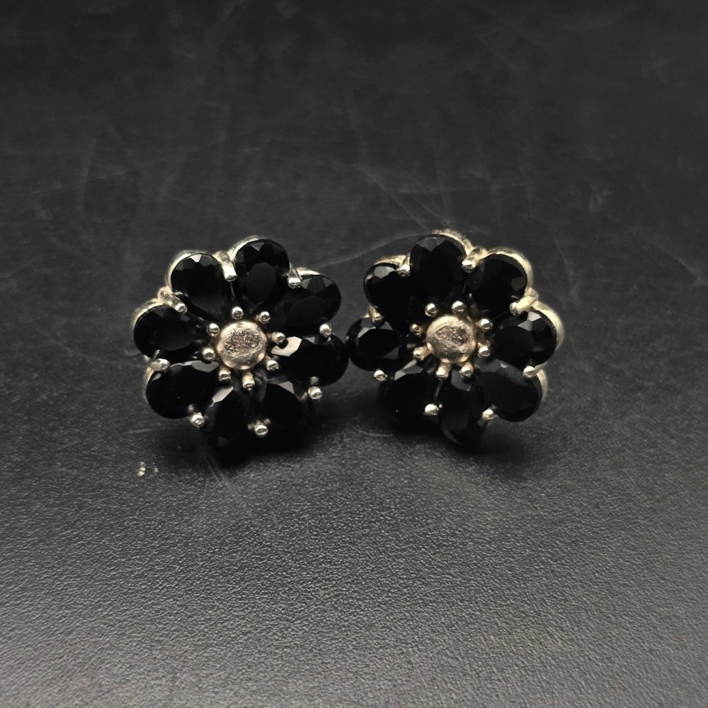 Sterling Silver Black Obsidian Flower Earrings Stud Post Pierced 925